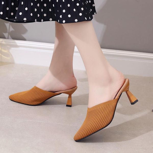 

slippers wear the 2021 summer high heel baotou half with pointed toes and thin heels, Black