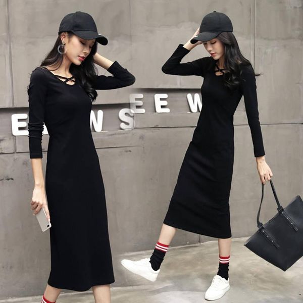 

autumn dress women retro round collar long sleeve solid color high waist casual black vestidos w4 dresses, Black;gray