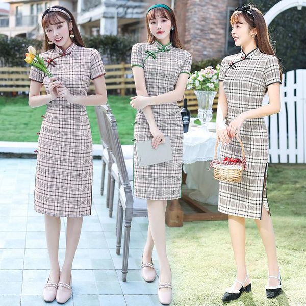 

summer cotton plaid printed knee-length qipao traditional chinese women short sleeve dress daily student cheongsam ethnic clothing, Red