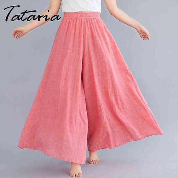 Mode Culottes Baumwolle Leinen Hosen Frauen Candy Farbe Knöchellangen Lose Hohe Taille Weibliche Big Hem Vintage Casual Hosen 210514