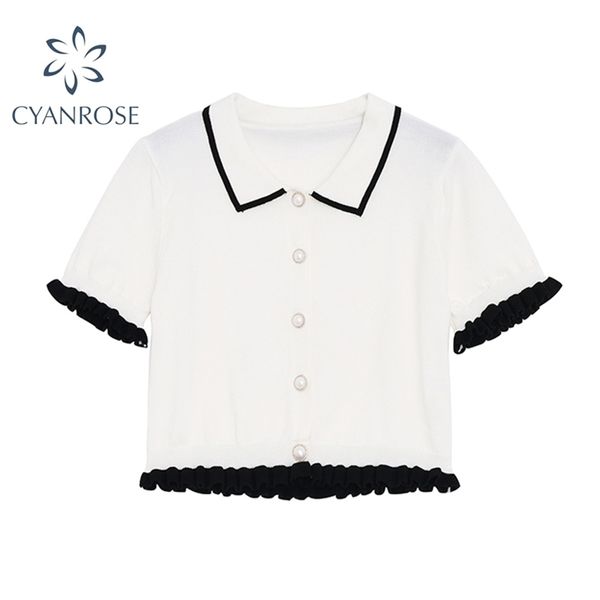 Weiße Cardigan Crop Blusen Revers Elegante Kurzarm Rok Shirts Sommer Stilvolle Arbeit Büro Damen E-Girl Relax Blusas Top 210515
