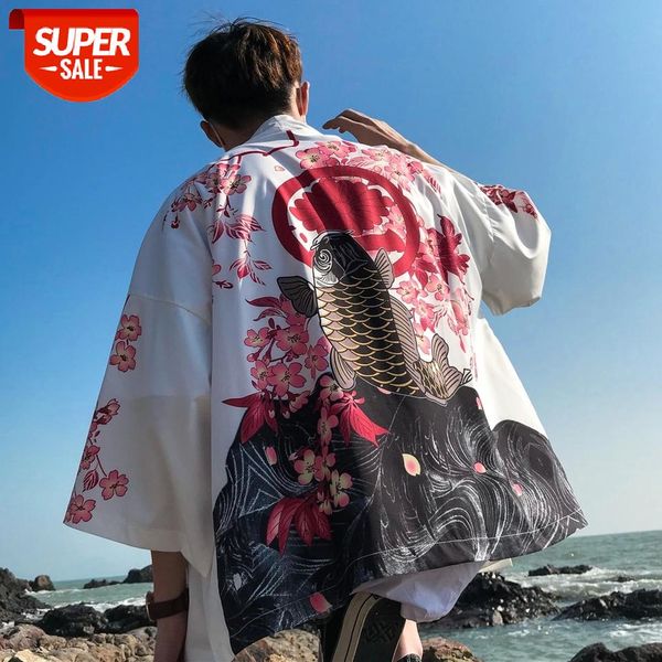 

2019 japanese style men's fashion flower printing sunscreen clothes short sleeve shirt loose white/black color surplices -3xl #on3t