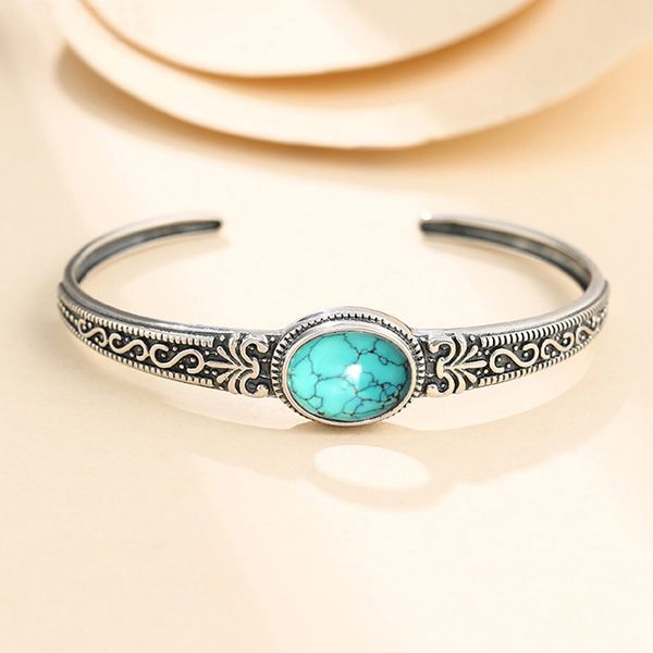 

retro personality simulated turquoise inlaid exquisite pattern metal open bracelet bangles for men women glamour casual jewelry, Black
