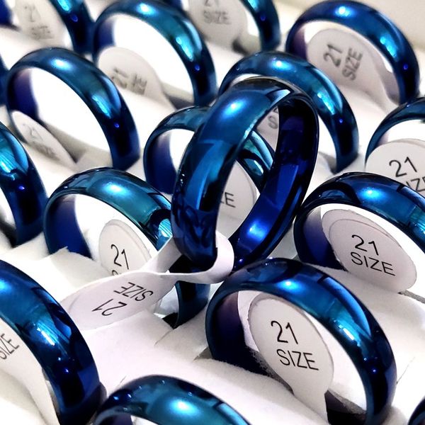 Atacado 50 pcs azul 6mm anel de banda de casamento conforto-ajuste homens mulheres anéis de aço inoxidável macho feminino moda jóias clássicas