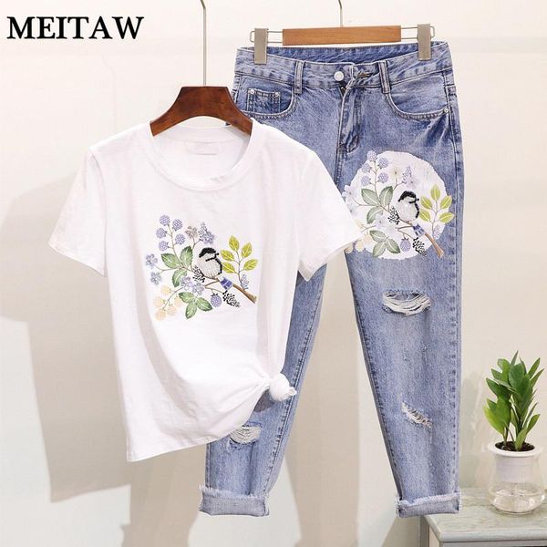

two piece dress women spring summer t shirt+jeans suit embroidery flower short sleeve shirts 2021 casual cotton t-shirt hole denim pants set, White