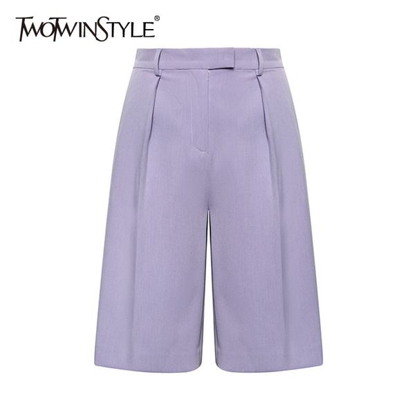 Calça de perna larga roxo casual para mulheres cintura alta plissado joelho comprimento ternos calças feminina verão moda 210524