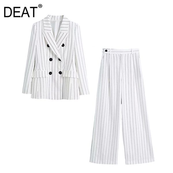 

[deat] spring fashion long sleeve double breasted v-neck blazer stripe wide leg pants women two-piece suit 13q123 210527, White