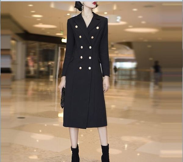 

women's trench coats 2021 clothes women double breasted turn down collar long overcoat fashion office lady bodycon slim coat, Tan;black