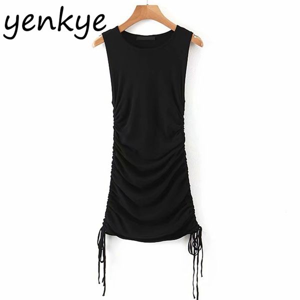 Vintage Düz Renk Yan İpli Draped Bodycon Elbise Kadınlar Yuvarlak Boyun Kolsuz Örgü Seksi Tank Yaz Vestidos 210514