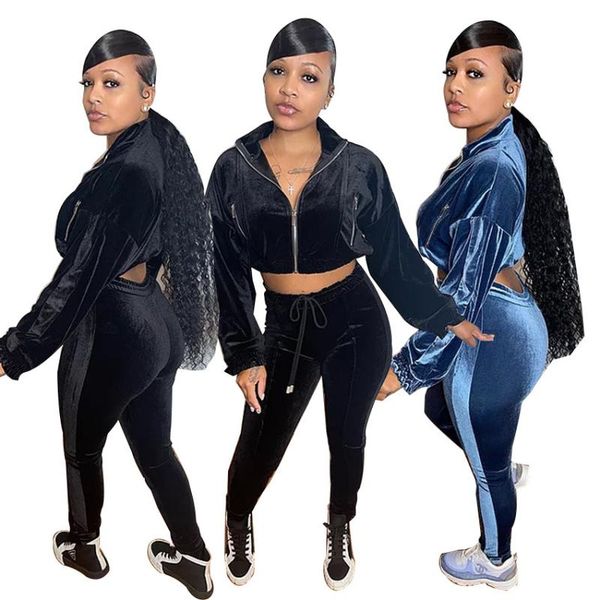 

women's two piece pants winter velvet tracksuit women set jackets long sleeve and suits velour jogging outfits, White