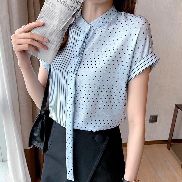 

women's blouses & shirts fashion dots stripe chiffon womens shirt est summer womans short sleeve ladies button up, White