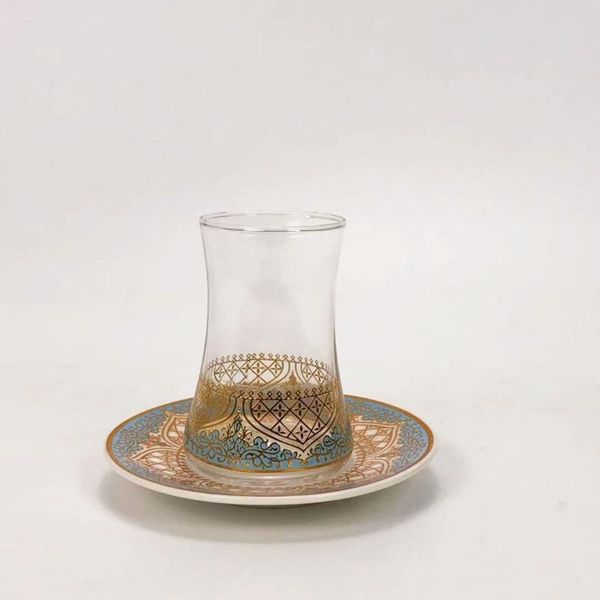 

cups & saucers turkish tea glasses set with spoon coffee cup romantic exotic glass blue gold kitchen decoration drinking