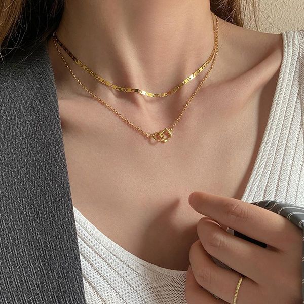 

chokers 18k gold plated necklace for women simple trendy double circle pendant 925 silver color clavicle chain fine jewelry, Golden;silver
