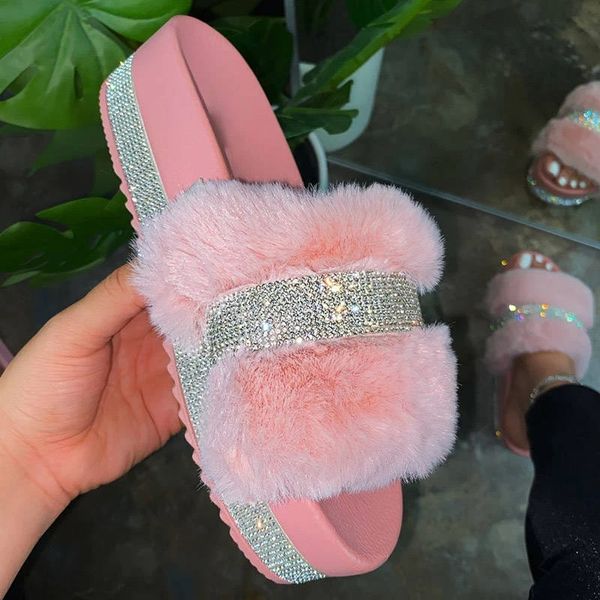 

2021 Bling Women Plush Slippers Fur Slides Rhinestones Female Glitter Shoes Platform Flat Womens Footwear Big Size 43, White