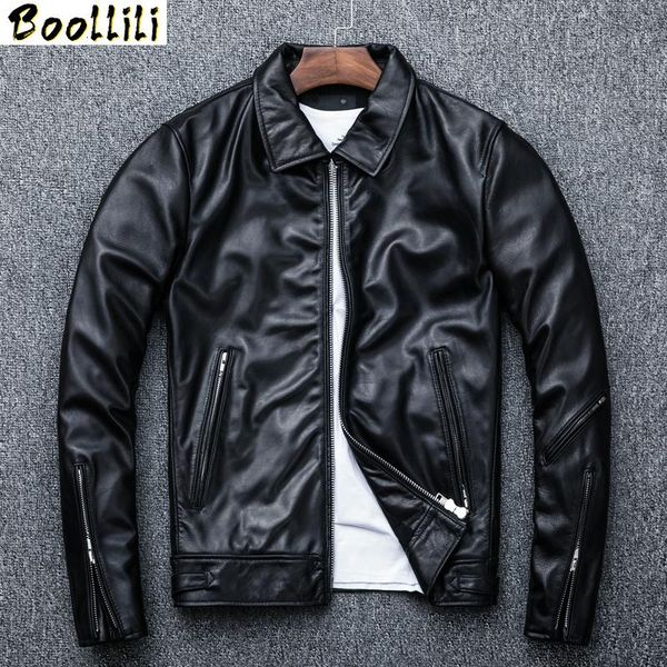 

men's leather & faux boollili vintage genuine jacket men wax sheepskin coat spring autumn jackets chaqueta cuero hombre, Black