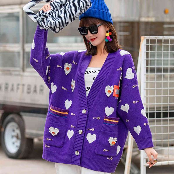 

sweaters women's knitted european station loose heavy beaded cardigan sweater lazy v-neck padded top, White;black