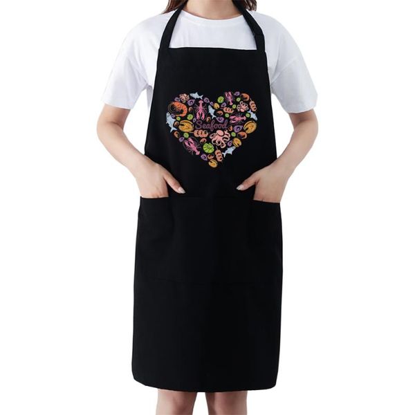 

aprons black apron seafood print adjustable with pockets funny kicthen perfect for bbq grilling barbecue cooking baking
