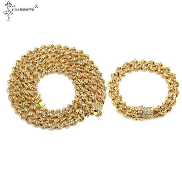 

chokers mens 14mm heavy iced out miami cuban link chain rapper crystal necklace choker bling hip hop bracelet jewelry gold color chains, Golden;silver