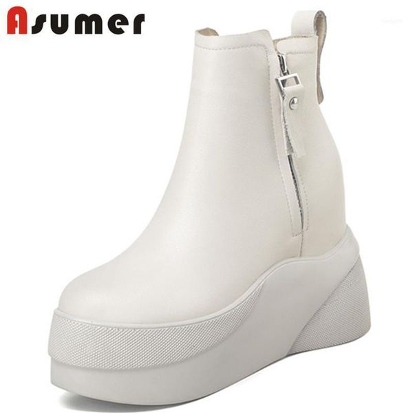 

boots asumer 2021 fashion wedges platform shoes women genuine leather round toe zip comfortable winter ankle woman11, Black