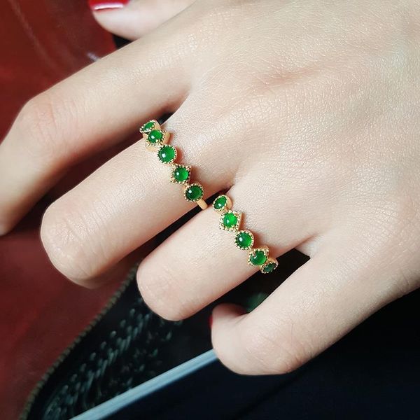 

cluster rings yang green -like chalcedony ring female s925 sterling silver inlaid natural jade egg noodles gem boutique stackable, Golden;silver