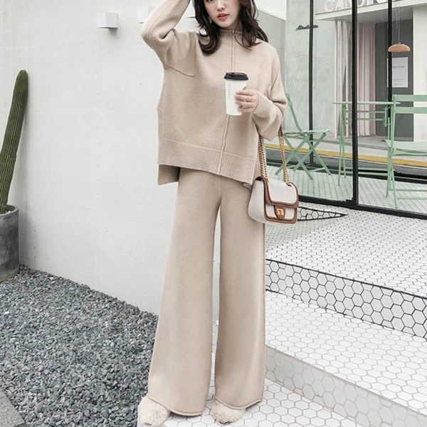 

autumn knitting long wide leg pantstwo-piece women spring cashmere sweater western style suits ml071 210525, White