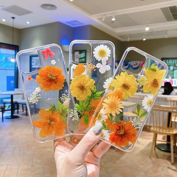 Mode echte trockene Blume gepresste Folie weiche TPU-Hüllen für iPhone 15 14 13 Pro MAX 12 11 XR XS X 8 7 6 Plus getrocknete Chrysantheme Sterne klare transparente Rückseite Handy-Skins