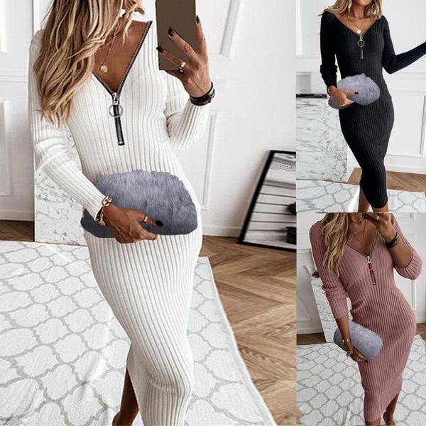 

casual dresses slim female autumn winter midi dress women zip v neck long sleeve backless ribbed knit bodycon, Black;gray