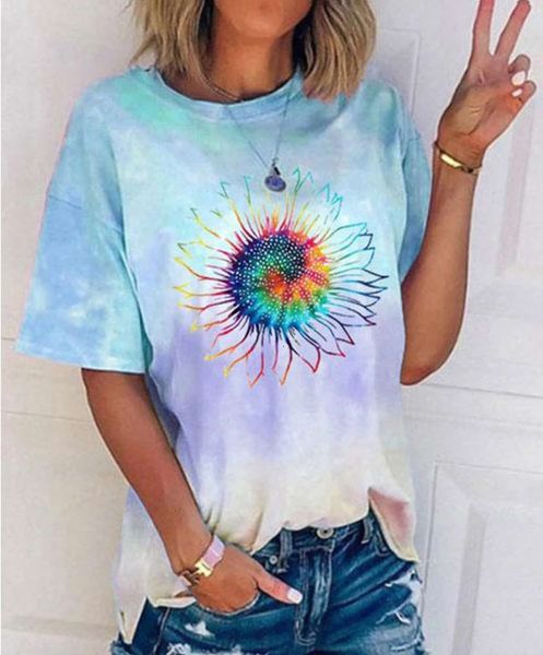 

t-shirt women's gradient sunflower loose casual round neck short sleeve gjmz, White