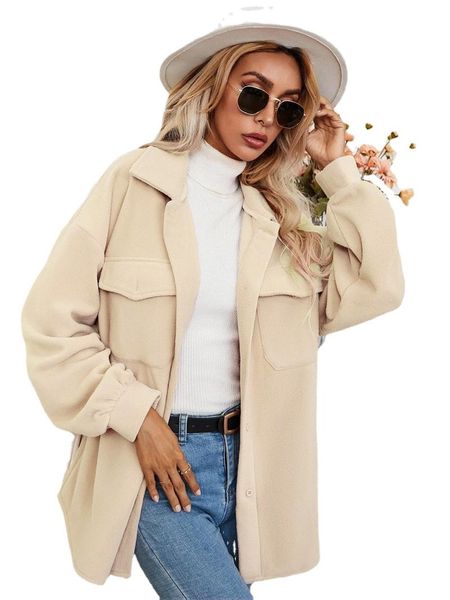 

women's wool & blends 2021 fashion solid cardigan long sleeve pockets turn-down collar single breasted loose casual women coats donsign, Black