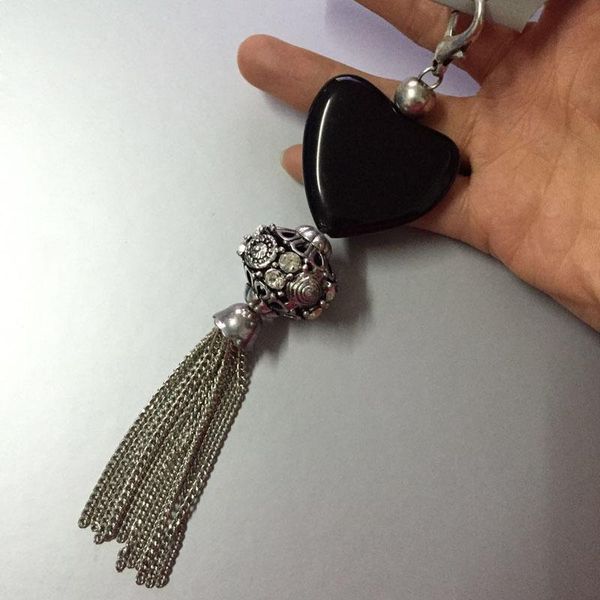 

keychains 2pcs/lot vintage heart stone crystal ball chain tassel charm pendant key chains handmade, Silver