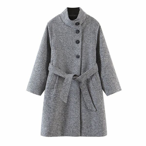 

women mid-high neck belt overcoat british fashion female beveled single breasted plaid jacket 210520, Black