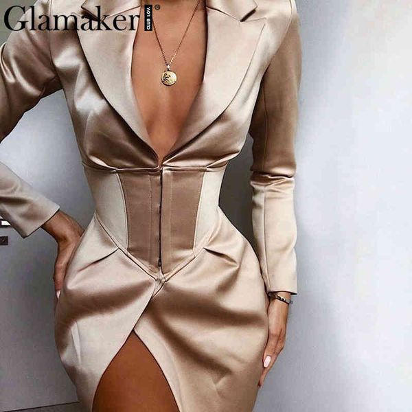 

glamaker v neck khaki blazer dress women autumn winter bodycon elegant thin coat outwear female party club night blazer, White;black