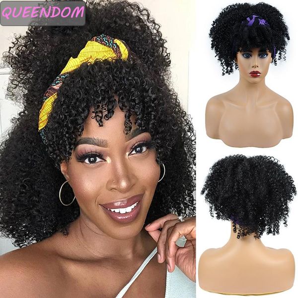 

fluffy short afro curly headband wigs for women synthetic wrap wig linked turban high temperature scarf with bangs, Black