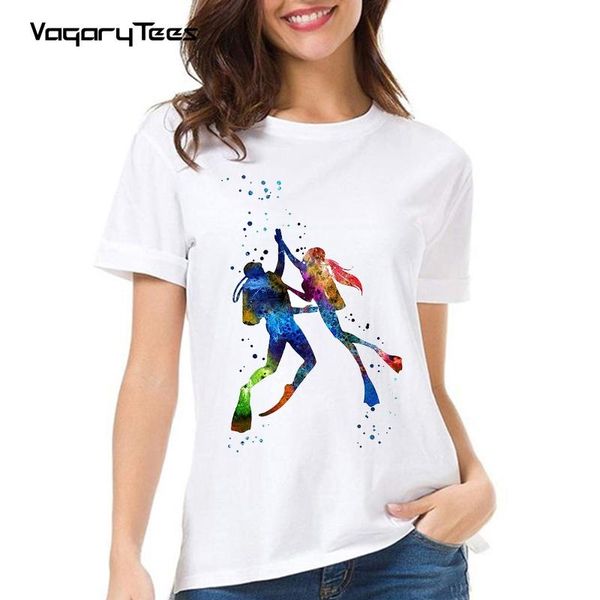 

women's scuba divers couple print t-shirt o neck casual short sleeve o-neck diving sport tshirt, White