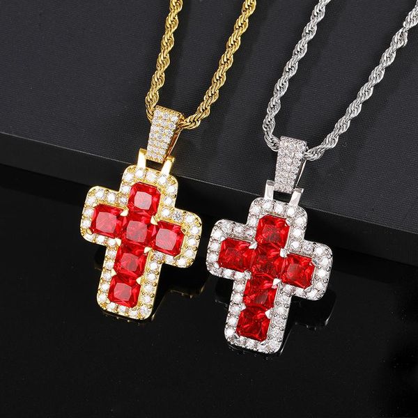 

hip hop jewelry red crystal cross iced out bling cubic zircon + cz necklaces & pendants for men women with solid back pendant, Silver