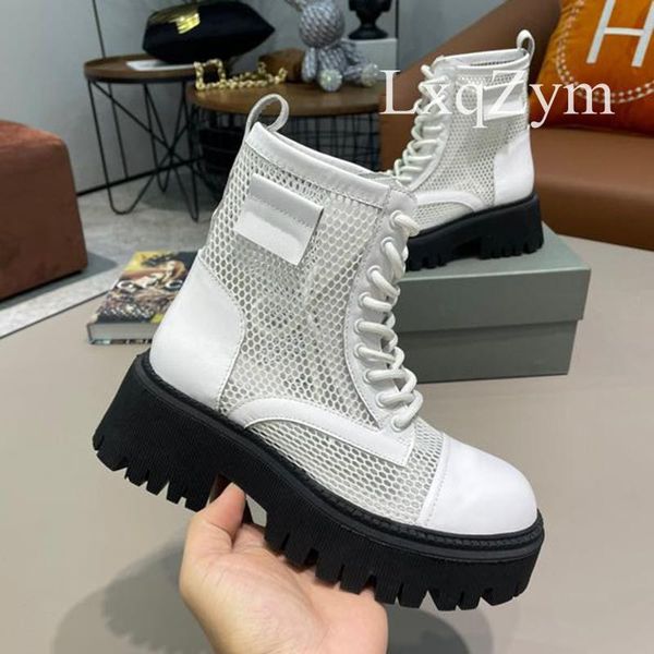 

fashion brand real leather mesh women short boots platform gladiator breathable round toe sandals lace up summer, Black