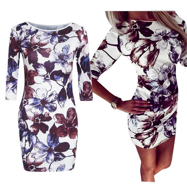 

summer vintage middle sleeve floral printed ladies bodycon casual elegant mini pencil dress women, Black;gray