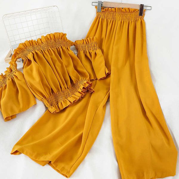 

beach two piece sets clothe slash neck crop wiht loose pants suits summer woman 2 pcs set feminino 210601, White