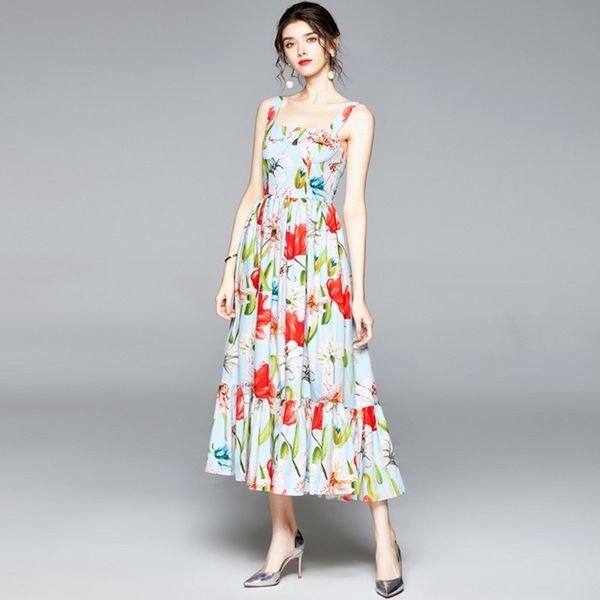 arriva Summer Brand Designer Spaghetti Strap Boho Dress Donna Elegante rosa stampa floreale Vita alta Slim Abiti da vacanza 210514