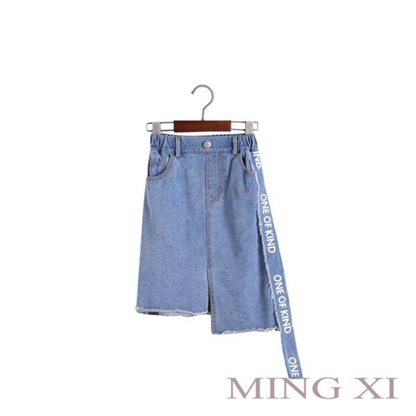 

skirts 2021 spring children's skirt childrens denim girls ribbon half personality asymmetry, Blue