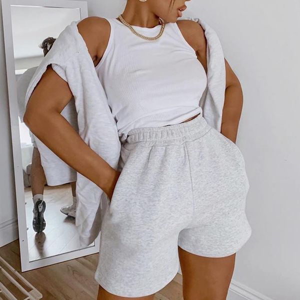 

women's shorts women casual sports solid color elastic waist wide leg with slant pockets female tracksuit workout bottoms, White;black