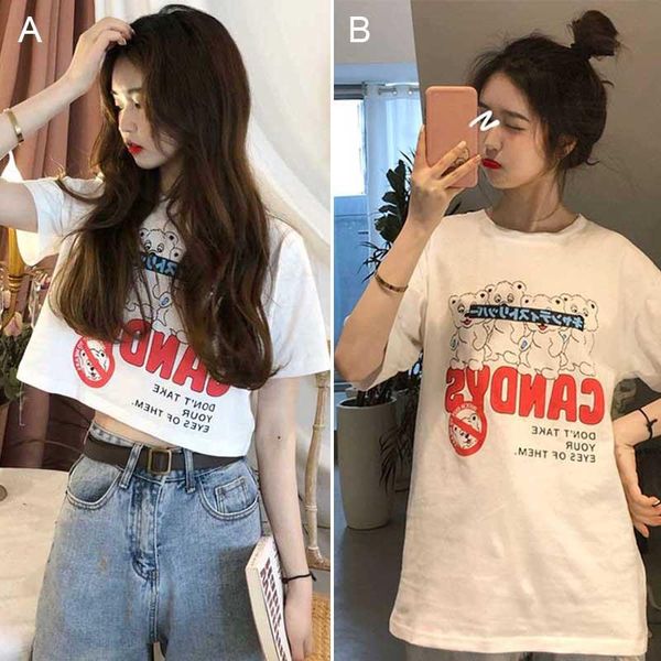 

women's t-shirt 2021summer high waist exposed navel short-sleeved female small loose wild girlfriends shirt, White