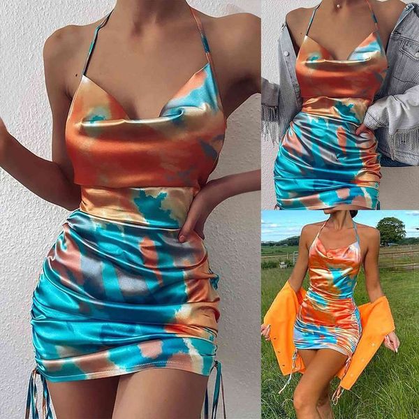 

vestidos tie dye women dress pleated satin sling party summer sundress, Black;gray