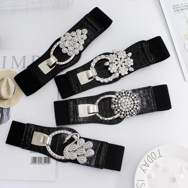 

belts fashion rhinestone metal buckle wide belt for women soft elastic ladies girls dress shirts waist waistband, Black;brown