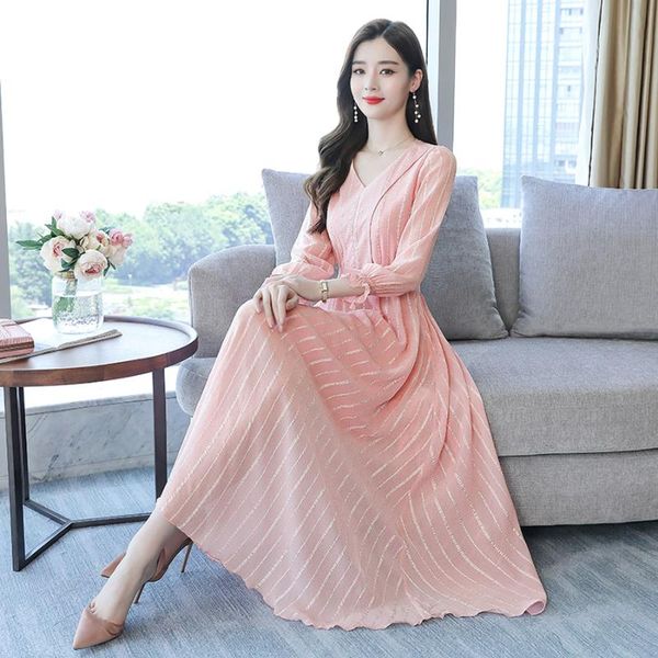 

casual dresses female solid striped chiffon beach maxi dress 2021 autumn 3xl plus size long sleeve elegant vintage women bodycon vestidos, Black;gray