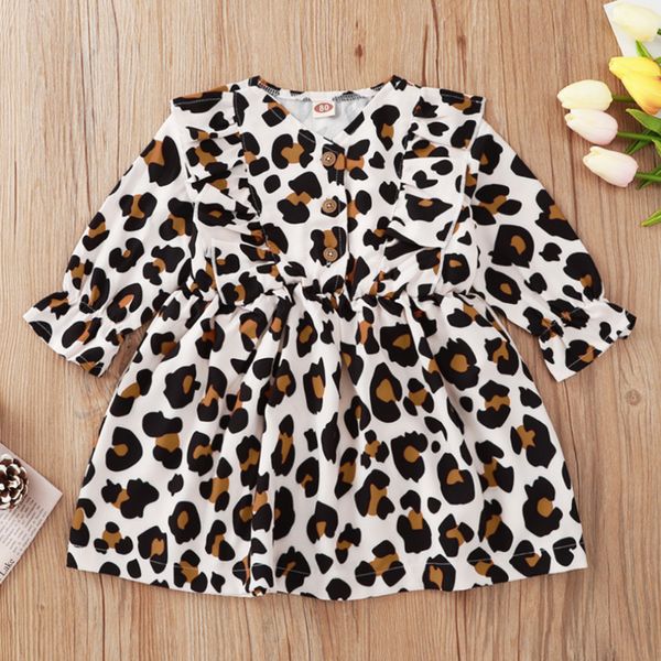 Leopard recém-nascido meninas roupas vestido primavera outono crianças roupas manga comprida v-pescoço vestidos de bebê com fivela de cinto de impressão roupas menina