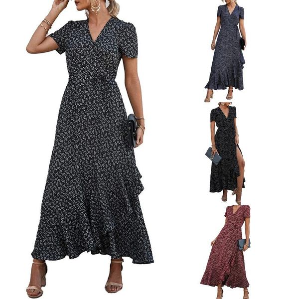 

casual dresses polka dot maxi dress women split v neck summer beach sundress short sleeve high waist boho vestidos, Black;gray