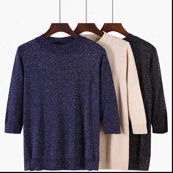 

women sweater pullover lurex glitter knitted pull over spring autumn half sleeve elasticity crewneck female jumper, White;black