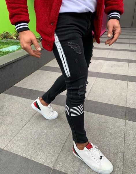 

Men's Jeans Skinny Ripped Slim Moto Pencil Pants Side Stripe Printing Streetwear Jogging Denim Costume S - 3XL JNAK, Blue