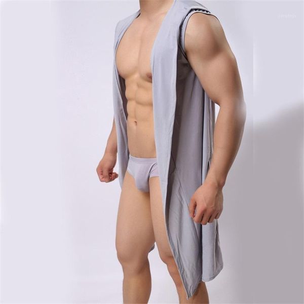 

men's sleepwear men ice silk bathrobe bath robe hooded male with summer sleeveless nylon home pajamas sexy, Black;brown